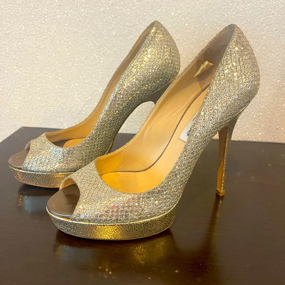 Authentic Jimmy Choo Heels Champagne Glitter Crown Sz 39.5